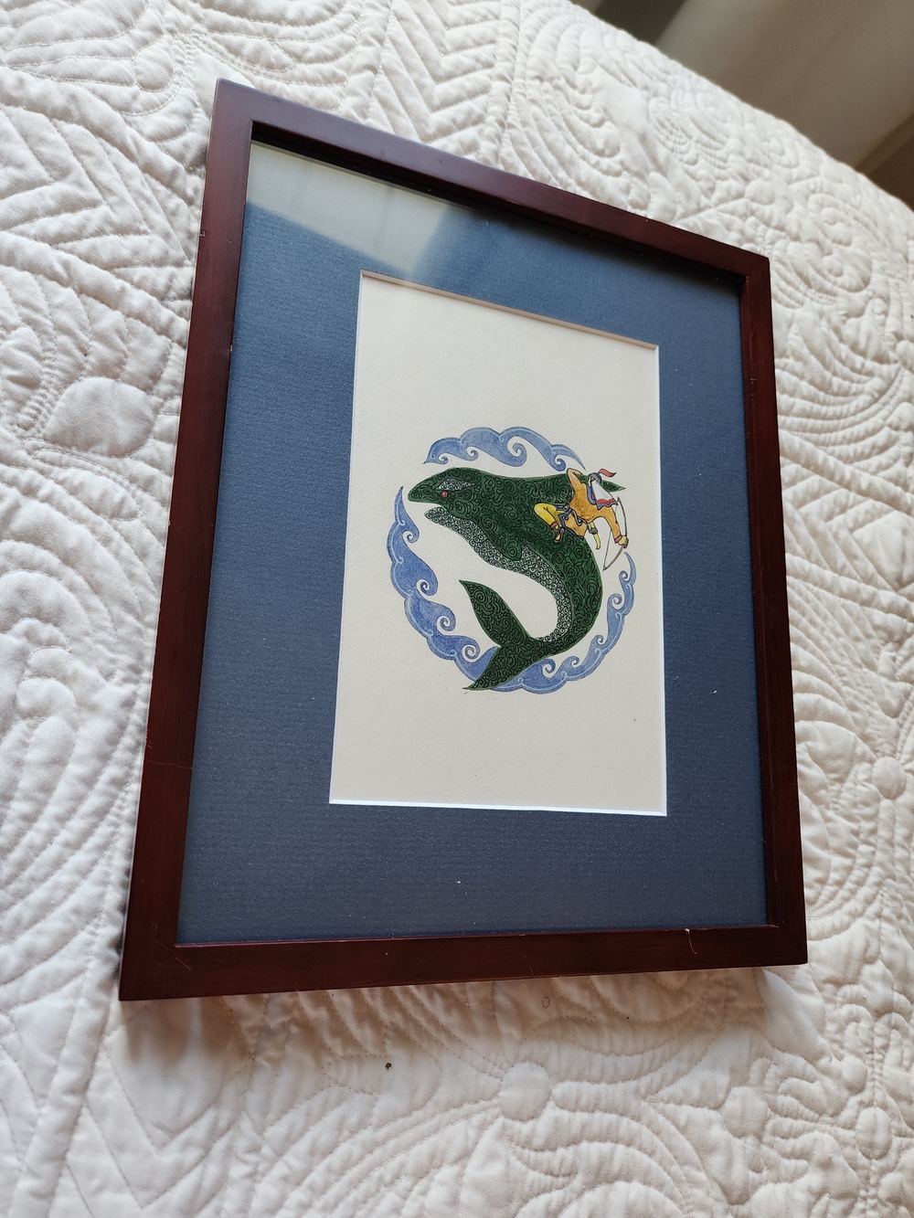 Vintage Original Russian Folk Tale Whale Hunter Painting Ink Watercolor Framed